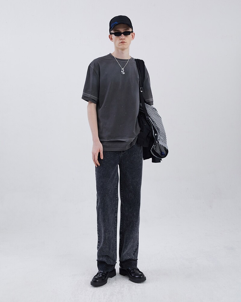 ADER ERROR아더에러]Needle logo layered t-shirt Charcoal