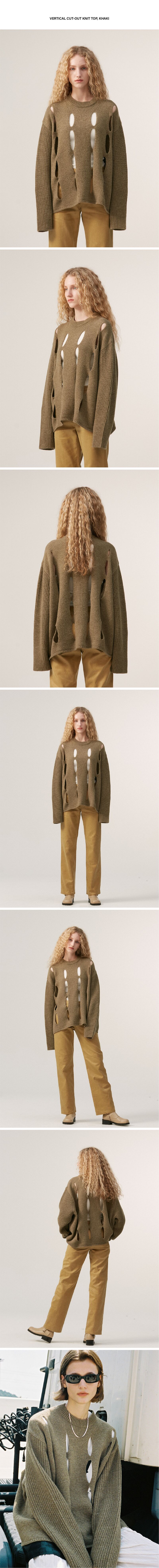 OPEN YY오픈 와이와이]VERTICAL CUT-OUT KNIT TOP, KHAKI