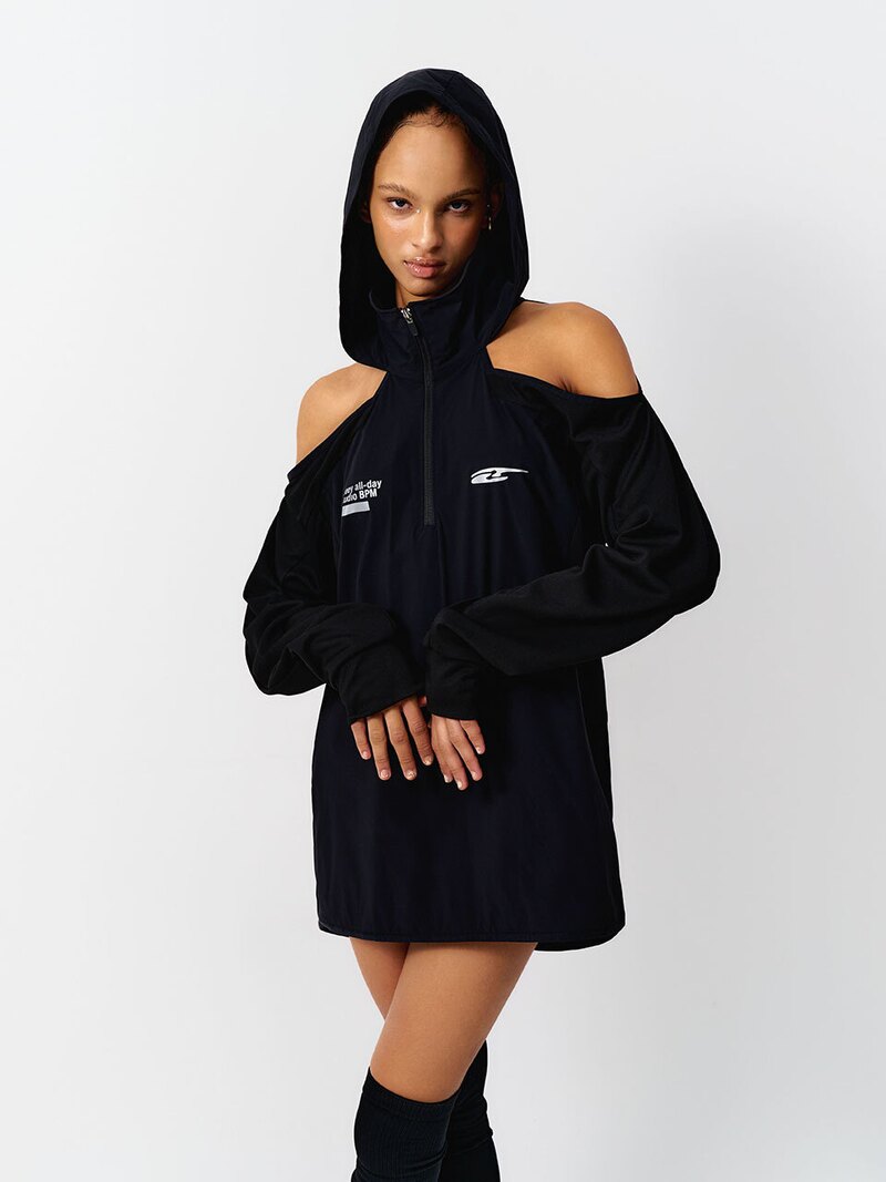 LEEY】SPORTY OPEN SHOULDER HOODED BLACK-